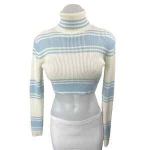 All The Ways Blue Striped Rib Knit Long Sleeve Turtleneck Crop Sweater Top Sz XS
